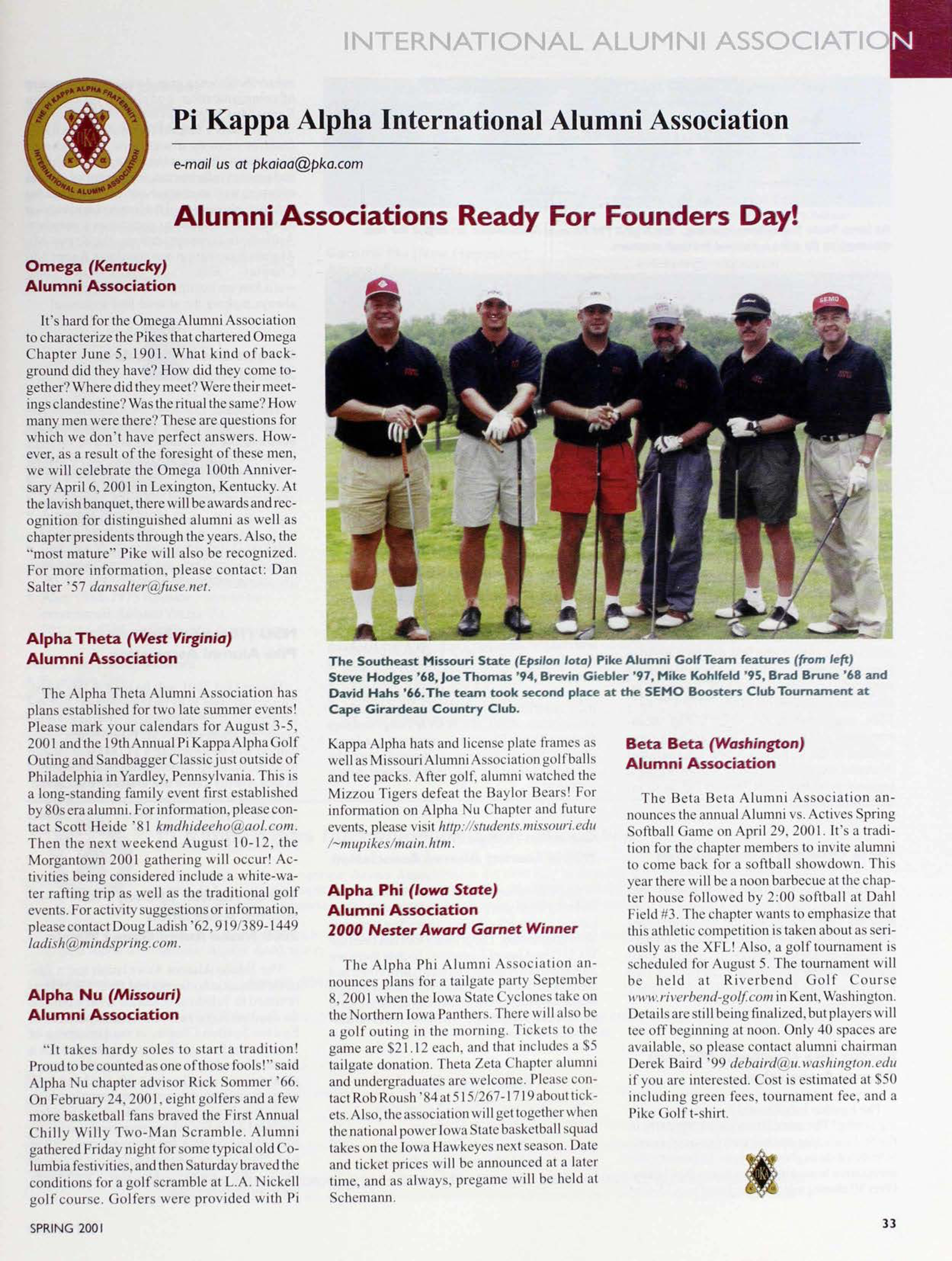 Pi Kappa Alpha International Alumni Association, Spring 2001